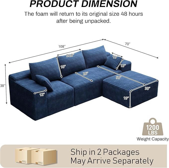 108 Boneless Couches for Living Room Comfy L Shaped Sectional Couches Modern Deep Seat Modular Sofa Cloud Fluffy Corduroy Couch with Movable Ottoman No Assembly Needed Blue