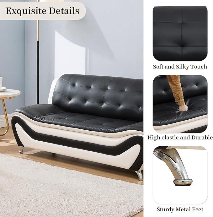 Modern Sofa Set Black Faux Leather 3 Seater Sofa 2 Seater Loveseat Single Chair Button Tufted Seat Cushion Sectional Couches Living Room Furniture Sets 3 Pieces