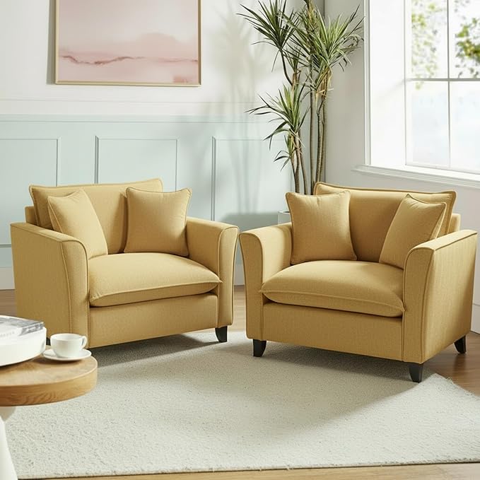 Merax 46.3 Chenille Accent Chair Oversized Reading Armchair w/2 Pillows Modern Corner Single Cloud Sofa Arm Chairs Comfortable Living Room Deep Cushion Seating for Office &amp Apartment Pale Yel