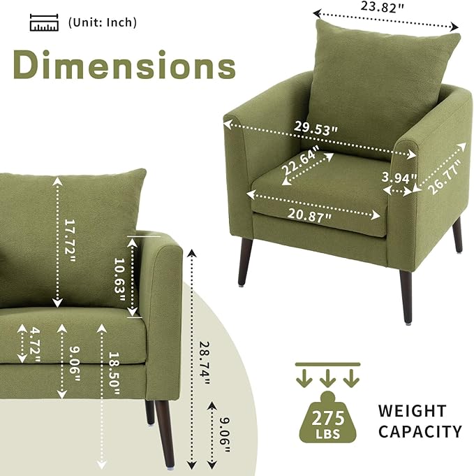 TRIPLE TREE Modern Accent Chair Upholstered Tufted Side Chair Single Chair Mid Century Reading Chair Armchair with Solid Wood Legs for Living Room Bedroom Study Waiting Room (Olive Green)