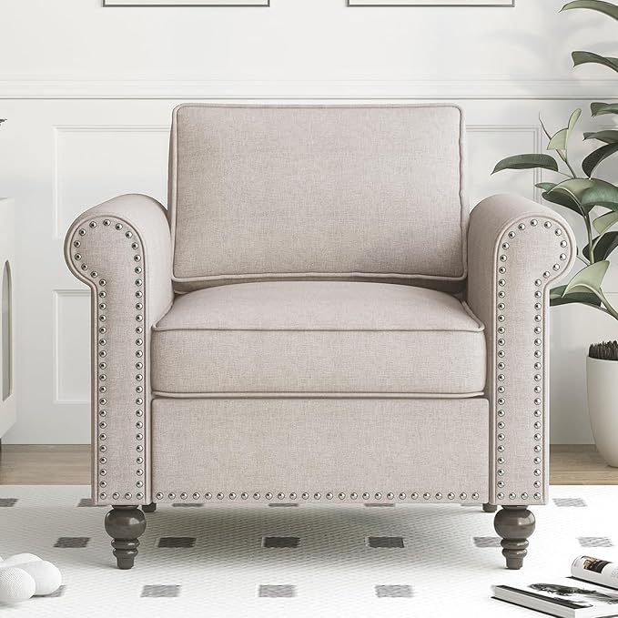 Single Sofa Beige Armchair for Living Room Mid Century Modern Couch with Solid Wood Frame and 4 Gourd Shapes Legs for Home/Bedroom/Apartment