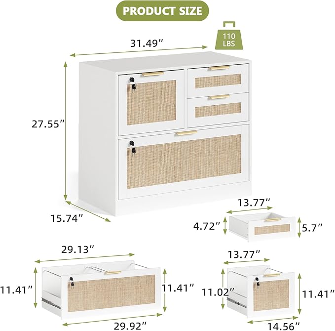 HOPUBUY Lockable 4 Drawers File Cabinet Lateral Filing Cabinet with Printer Stand for Home Office and School Wood Rattan File Cabinet for Hanging Files/Letter/Legal/A4/F4 Size White