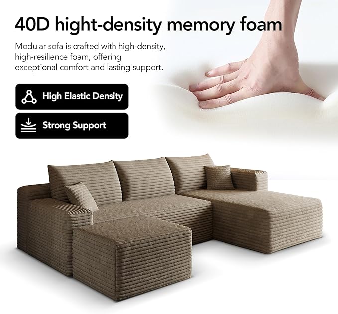 96 U-Shape Boneless Modular Sectional Cloud Couch with Chaise and Ottoman‌-Modern Comfy Corduroy couches for Living Room-Memory Foam SofaNo Assembly Required(Camel 96 Right Facing Chaise+Ottoman)