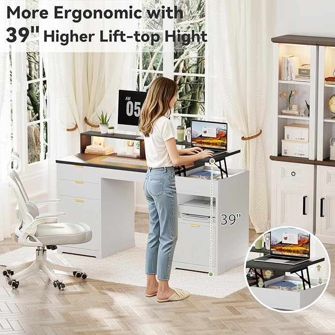 Fluted Desk with Drawers 63 Home Office Executive Desk with Lift Top Filing Cabinet Gaming Desk Charging Station Sensor Lights Computer Table with Monitor Stand White