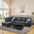 L-Shaped 3-Piece Flannel Sofa with Storage Ottoman Set Sectional Couch Sofa Set for Living Room Office Small Space Black Grey