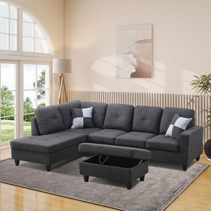 L-Shaped 3-Piece Flannel Sofa with Storage Ottoman Set Sectional Couch Sofa Set for Living Room Office Small Space Black Grey