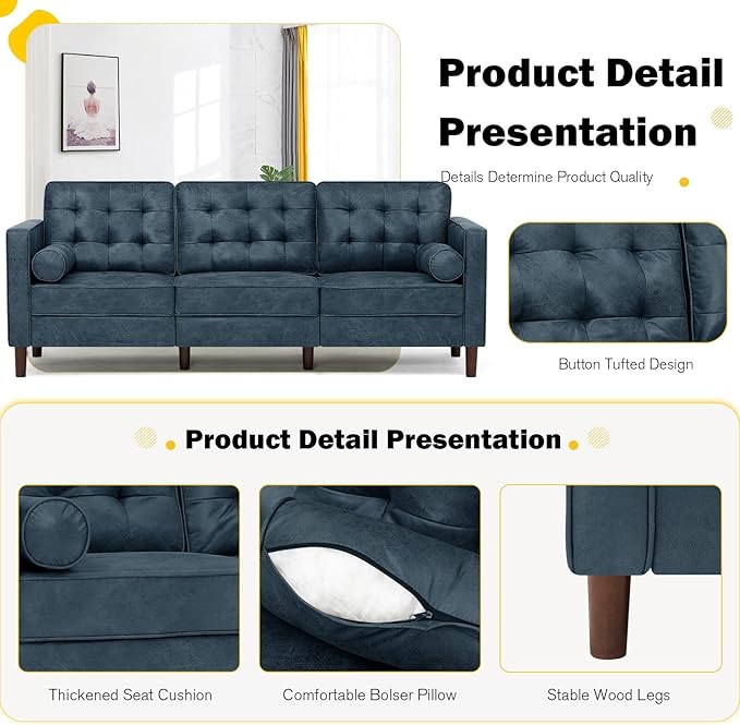 84 Suede Leather Sofa with 2 Soft Pillows Tufted Modern Sofa with Sturdy Wooden Legs 3 Seats Couch for Living Room Office Bedroom Blue