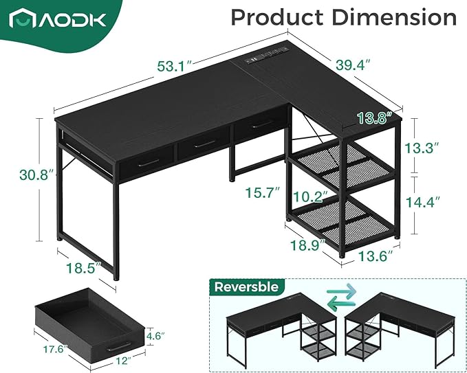 AODK 53 Inch L Shaped Computer Desk with Drawers Corner Desk with Power Outlets &amp Reversible Storage Shelves for Home Office Gaming Black