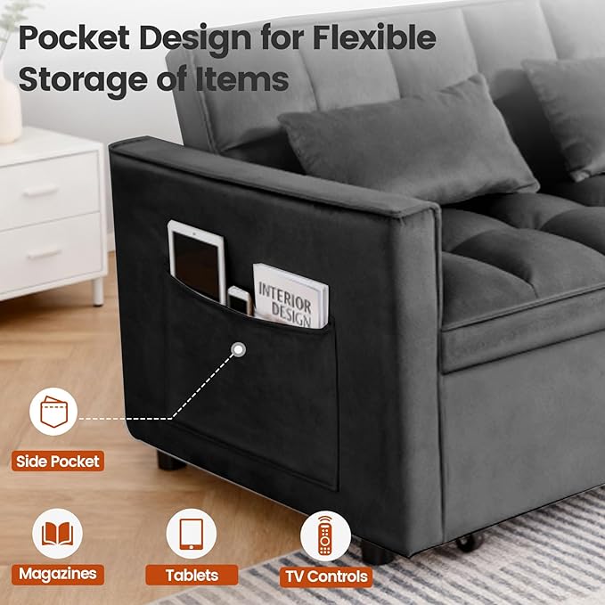 Convertible Sofa Bed Love Seat Sleeper Bed with Side Pockets 3 in 1 Velvet Fabric Pull Out Couch with Adjustable Backrest for Living Room Bedroom Apartment Black