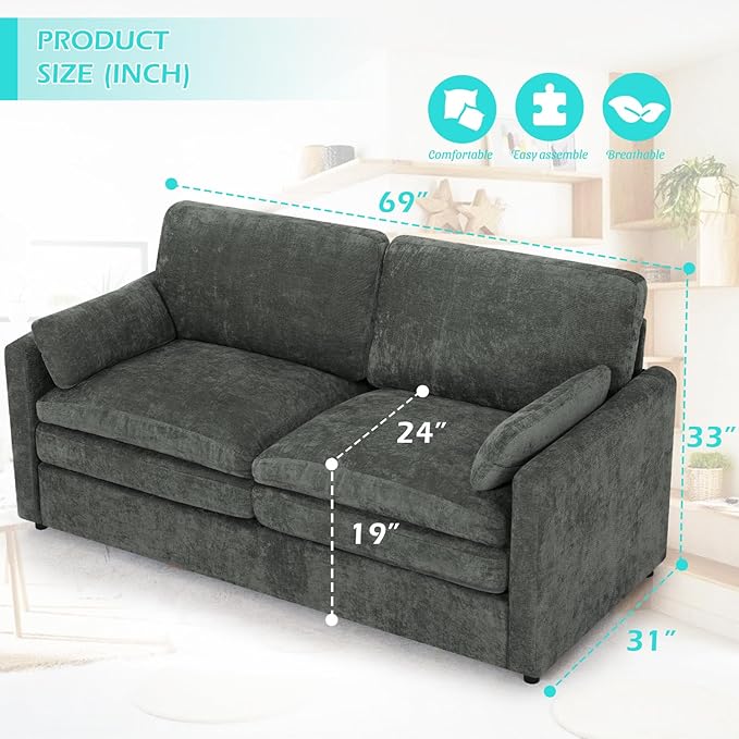 3 Pieces Chenille Sofa Set w/Arm Pillows Upholstered 2 Pieces Loveseat &amp 3 Seater Sofa w/Comfortable Back Cushions Modern 2-Seat &amp 3-Seat w/High-Density Foam for Living Room Grey