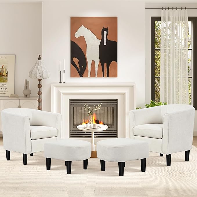 KOMFOTT Accent Chair with Ottoman Upholstered Teddy Velvet Barrel Chair with Footrest Comfy Club Sofa with Curved Backrest Thick Seat Cushion Modern Arm Chair for Living Room Bedroom Beige