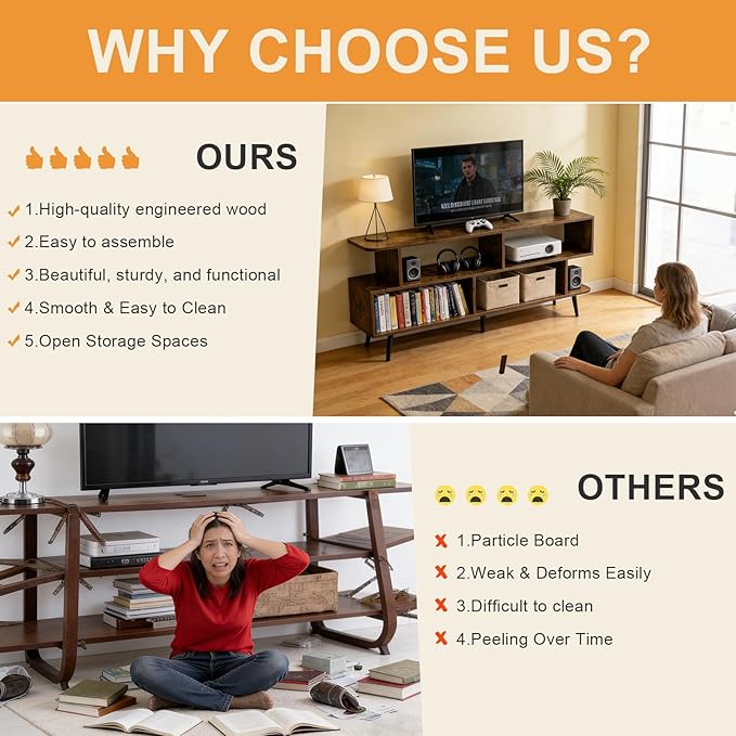 Lightdot 55 Inch TV Stand up to 65 Inch TVs Large Storage for Collection with 6 Open Shelves Sturdy Media Console Table for Living Room/Entrance/Kitchen/Sofa Cabinet Easy Assembly Amber