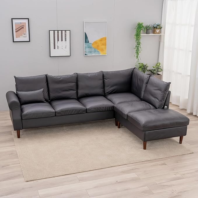 Panana Upholstered Sofa Couch Linen Fabric/Artificial Leather L Shaped Corner Sectional Modern Living Room Sofa (Black Faux Leather 6 seat Right Corner with Built-in USB Port)