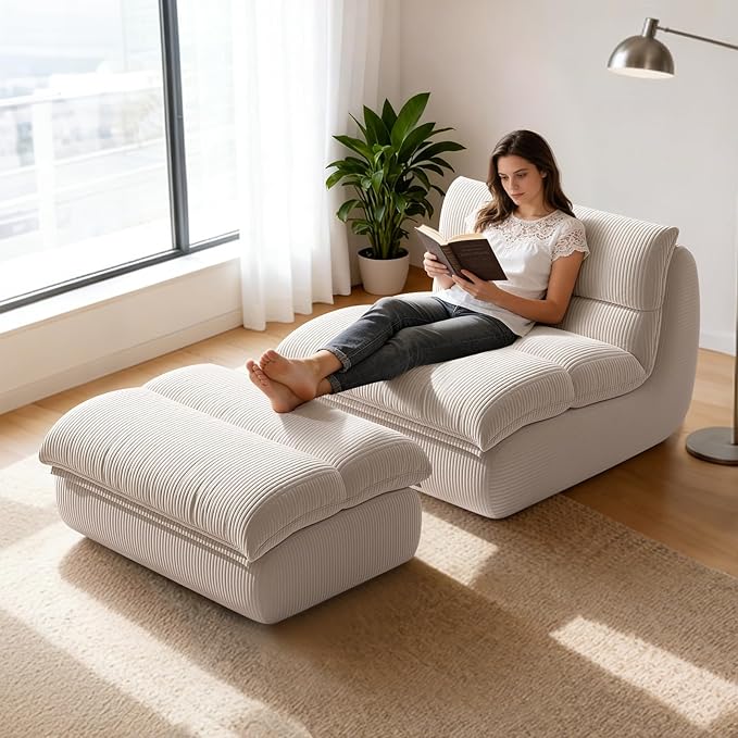 Boneless Chaise Lounge Chair Indoor Adult Bean Bag Chair with Ottoman Memory Foam Stuffed Lazy Sofa for Comfy Floor Sofa Lounge for Living Room Bedroom Office Apartment