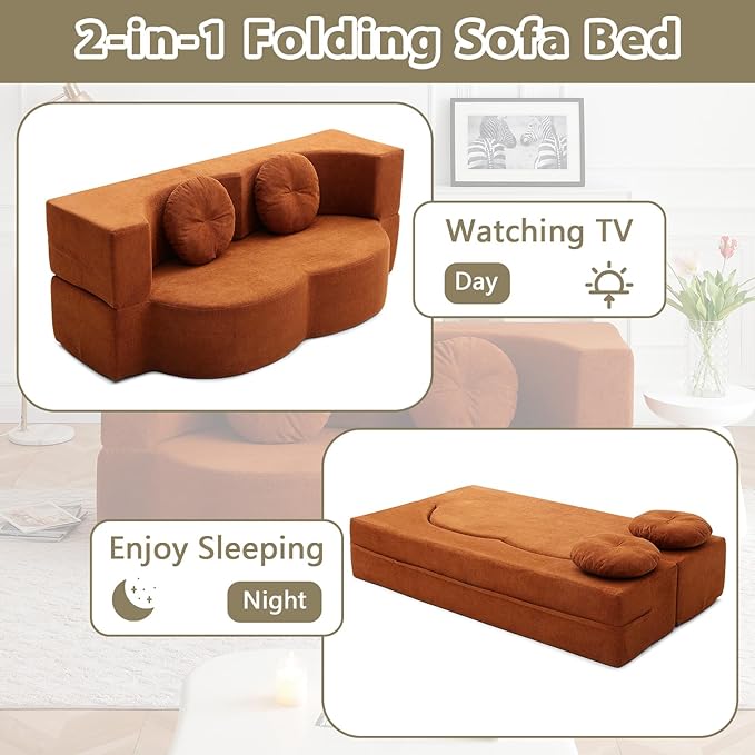 2-In-1 Futon Sofa Bed Foldable Couch with 2 Pillows Convertible Foldable Sofa Bed Folding Sofas Beds for Living Room Guest Room Apartment Office Lazy Sleeper Comfy No Assembly (Orange)