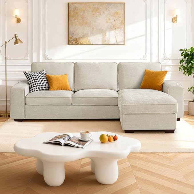 PARKOL 99 L-Shaped Sectional Couch with Storage Sofa with Reversible Chaise USB Type-C Charging Chenille Fabric Removable Cushion Covers for Small Space Apartment Living Room Beige