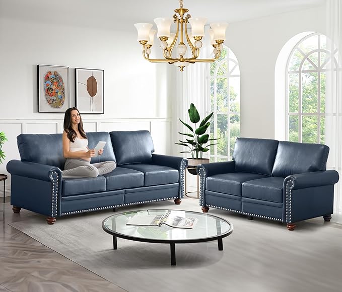 Antetek Comfy Upholstered PU Leather Sofa 59-inch Mid-Century Modern Loveseat Sofas with Storage Space &amp Solid Bun Feet Small Couches for Living Room Small Space Bedroom Navy Blue