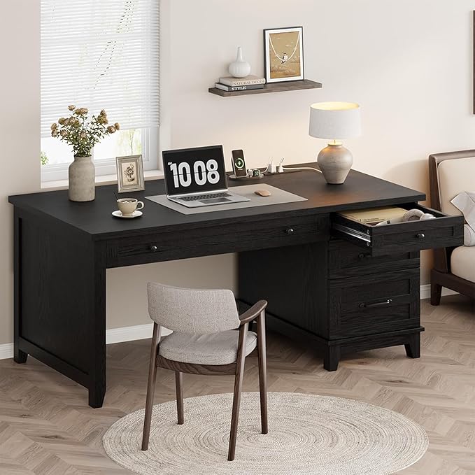 Farmhouse Home Office Desk with Power Outlets &amp USB Ports 53.5 Inch Writing Desk with Adjustable File Cabinet and Storage Drawers Executive Computer Desk for Study Workspace