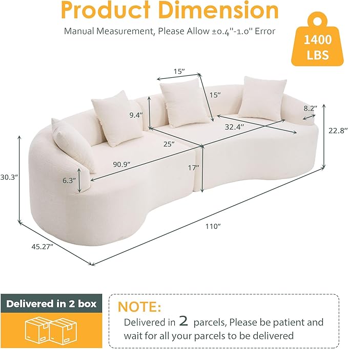 Oversized Sectional Sofa for Living Room 110 Modern Luxury Chenille 4-Seater Extra Deep &amp Wide Seat Curved Cloud Couch with 4 Throw Pillows No Assembly Needed Cream White