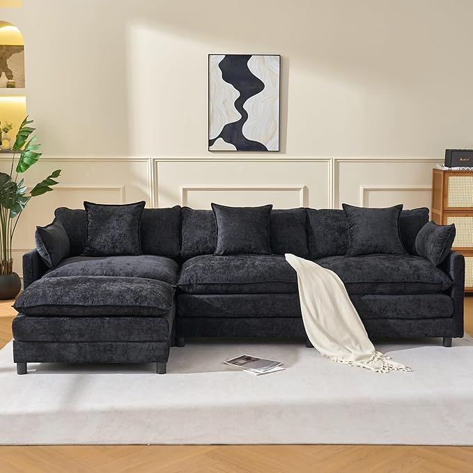 107 L Shaped Modern Sofa Modular Sectional Upholstered Double-Layer 3 Seater Cloud Couch Chenille Deep Seat Sofa with Throw Pillows &amp Movable Ottoman for Living Room Apartment Black