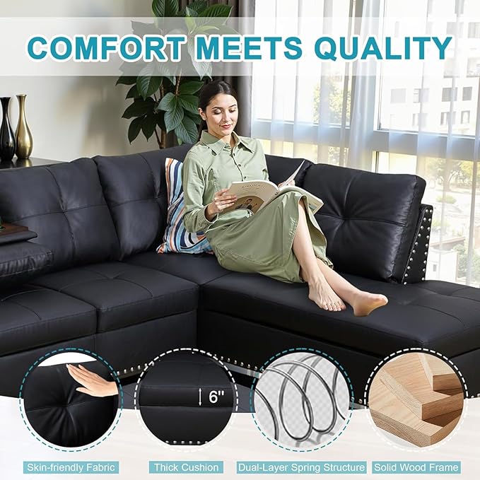 103.5 Inch Black Leather Sofa L Shaped Leather Couch Modern Modular Couch for Living Room and Office Furniture