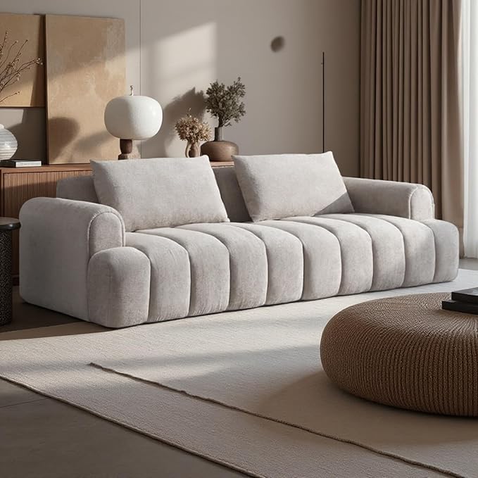 Modern Couch Sofa for Living Room Oversized Sectional Sofa 4-Seater Comfy Teddy Velvet Upholstered Couch Lounge Sofa for Apartment Small Space Beige Sofa Couch