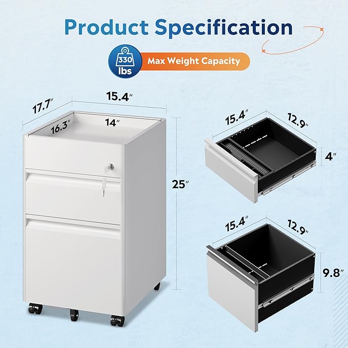 DEVAISE 2 Drawer File Cabinet Metal Locking File Cabinet Under Desk Rolling Filing Cabinet for Home Office Organizer Letters/Legal/A4 Easy Assembly White