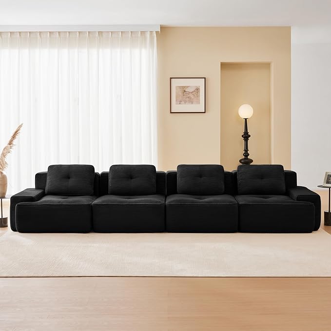 150 Modern Black Corduroy Boneless Sofa Set 4 Seater Modular Sectional Couches for Living Room Compressed Memory Foam Cloud Couch Deep Seat No Assembly Sofas para Sala
