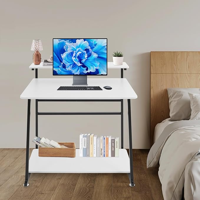 Home Office Desk3 Tier Rolling Computer Desk36inch Modern Home Desk Computer Desk Writing Table with Under Desk Storage Shelves for Home Office Study Bedroom (Black+White)