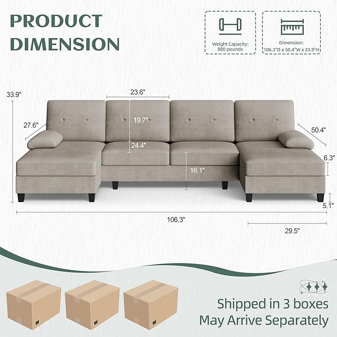 Vongrasig Sectional Couch for Living Room U-Shaped Sofa with Chaise 4-seat Large Sectional Modern Couches for Living Room Apartment (Khaki)