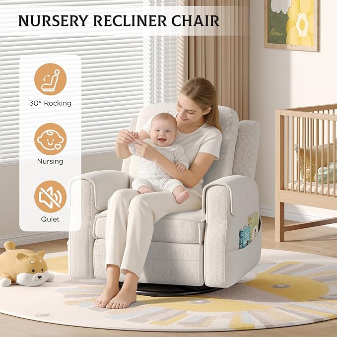 Maupvit Faux Shearling Recliner Chair - 360° Swivel Rocker with Adjustable Footrest and Backrest Plush Upholstered Single Sofa for Small Spaces for Living Room/Nursery/Home Theater (Cream White)