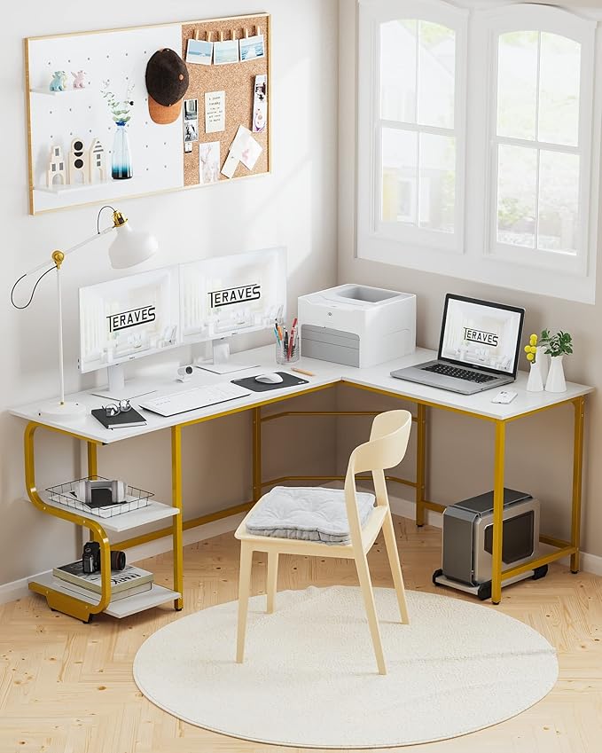 Teraves Reversible L Shaped Desk with Large Surface 69 Inch Sturdy Corner Desk with Storage Shelves Premium Office Computer Desk Workstation for Home Office Gaming