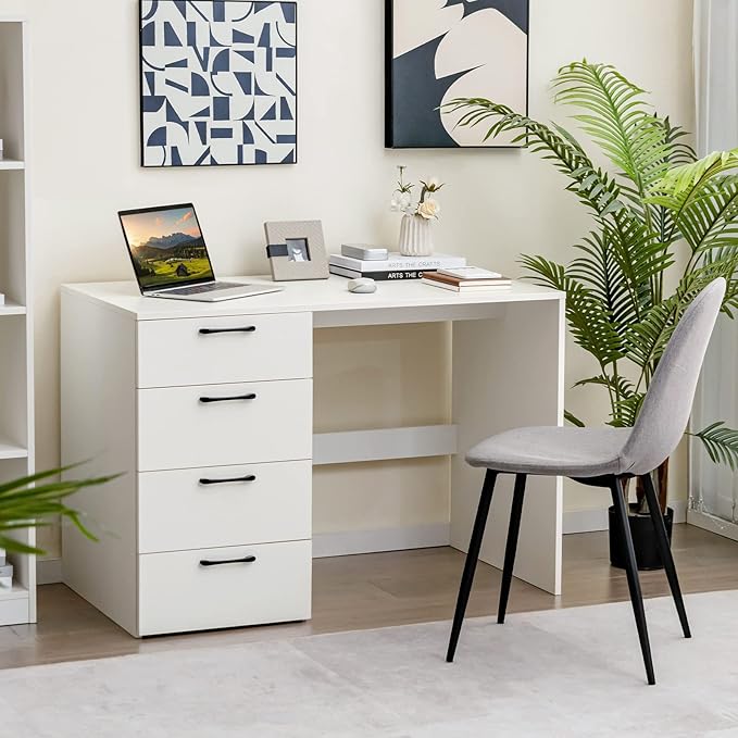 Giantex White Computer Desk with 4 Large Drawers Home Office Laptop PC Desk Writing Table Modern Computer Workstation for Bedroom Study Room