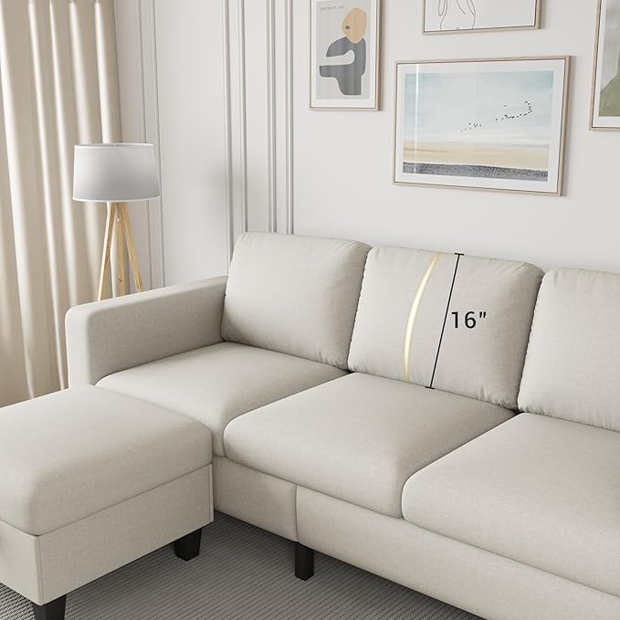 Sectional Sofa Couches for Living Room - L Shaped Cloud Couch-Small Modular 3 Seat-Comfy Linen with Storage Deep Seat SofaWashable Covers-Suitable for Living Room-Apartment-Office-Beige