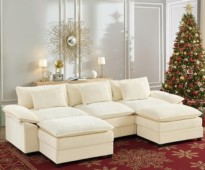 Mjkone 118” U Shape Sectional Couch with Movable Ottoman Oversized Modular Comfy Cloud Sofa with Double Layer Cushion 5 Seater Deeper Seat Couches for Living Room/Home Office/Apartment-Beige