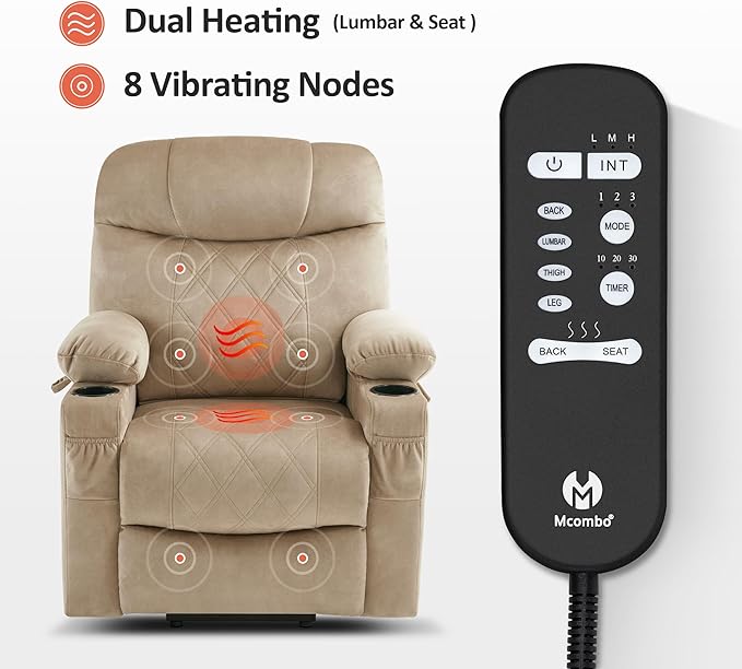 MCombo Small Size Triple Motor Power Lift Recliner Chair Sofa with Massage and Dual Heating Adjustable Headrest for Elderly People Petite USB Ports Extended Footrest Fabric 7222 (Beige)