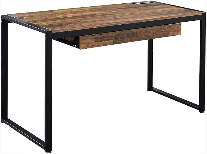 HOMES: Inside + Out Siggers Industrial 1-Drawer Metal USB Port 51 in. Desk for Study Room Home Office Living Room Sand Black and Natural Brown