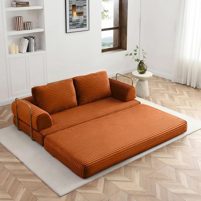 Convertible Folding Sofa Bed Modern Futon Sleeper Sofa Fold Out Couch Bed with Gold Fixed Frame Modular Floor Sofas Comfy Corduroy Boneless Couches for Living Room (80 Orange)