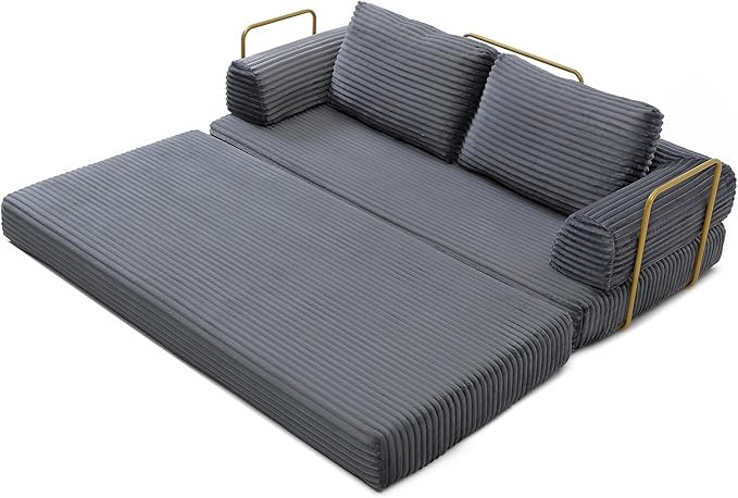 80 Convertible Sofa Bed Modern Corduroy Sleeper Sofa Folding Floor Couch with Golden Fixed-Shape Frame Grey Boneless Loveseat Sofas Bed for Living Room Bedroom No Assembly Needed