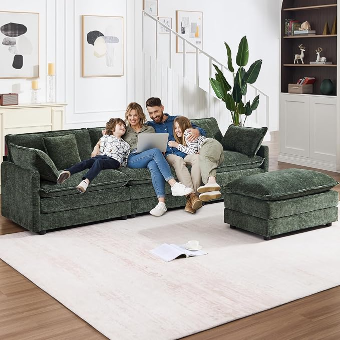 105 Modular Sectional Sofa Large L Shaped Sectionals Cloud Couch Big Comfy 3-Seat Couch with Ottoman 4 Seater Chenille Sectional Sofa with Deep Seat and 5 Pillows for Living Room- Green