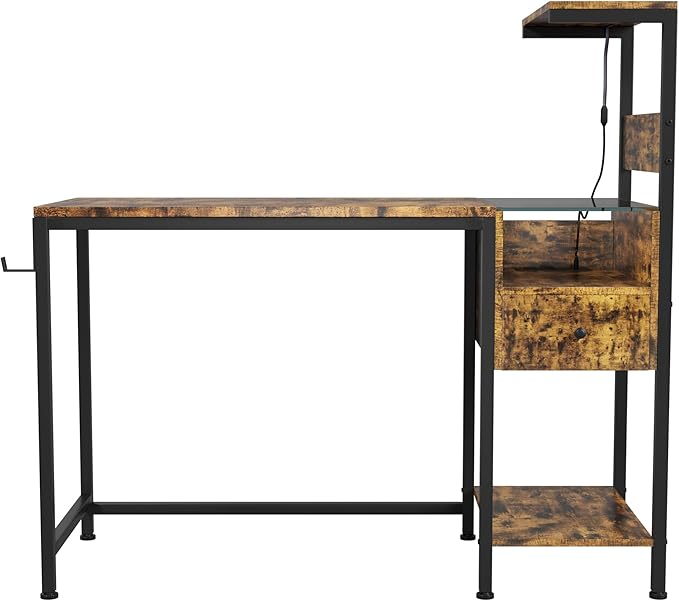 Computer Desk with Power Outlet &amp Storage Shelves Study Writing Table with USB Ports Charging Station PC Desk Workstation for Home Office Brown