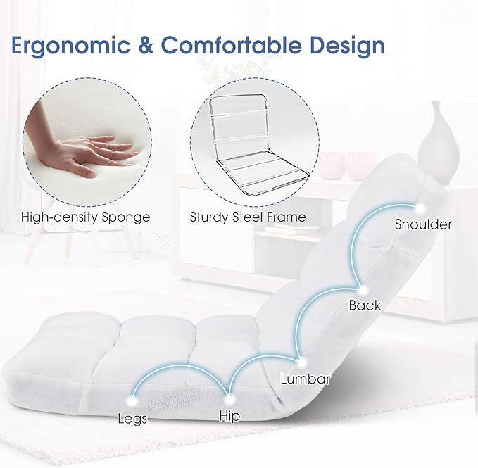 Moccha 14-Position Floor Sofa Folding Sofa Chair with Back Support Memory Foam Floor Gaming Chairs for Adults Adjustable Padded Couch Recliner Chaise Lounge for Reading Meditating (White)