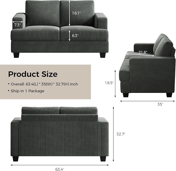 63 Inch Sofa with Extra Deep Seats Oversize Corduroy Fabric 2 Seater Sofa for Living RoomModern Couch and Loveseat Comfy Armrests and Seats and Backrests Easy Installation Dark Gray