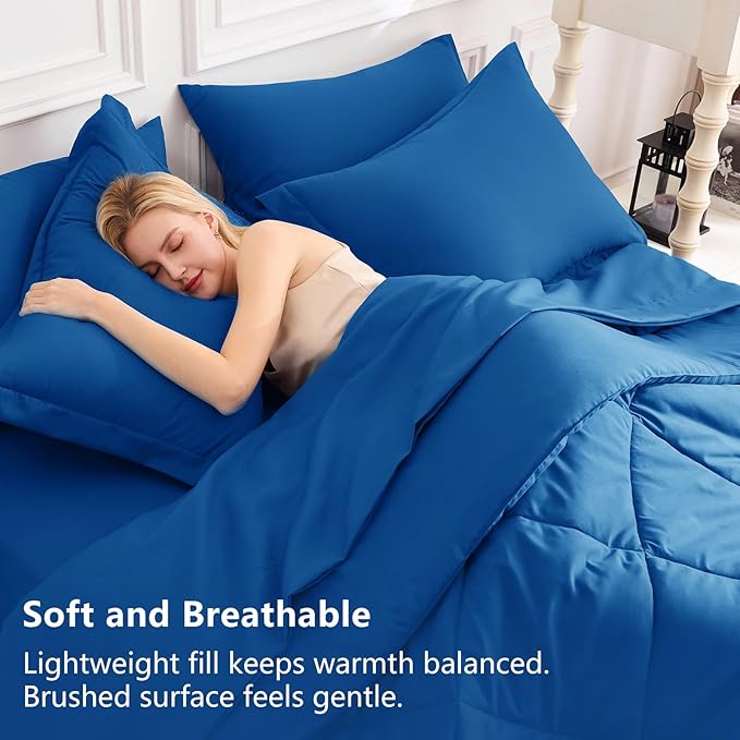 CozyLux Queen Comforter Set Classic Blue - Bed in a Bag Queen Size 7 Pieces Luxury Soft Bed Set for All Seasons Bedding Set with Down Alternative Comforter Sheets Pillowcases &amp Shams