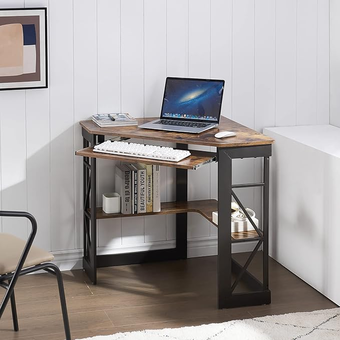 VECELO Corner Computer Desk 41 x 30 inches with Smooth Keyboard &amp Storage Shelves for Home Office Workstation Antique Brown