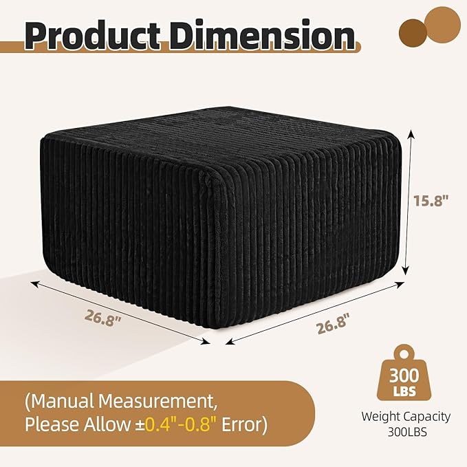 Modular Sectional Sofa Ottoman for Couch Boneless Sectional Couch Ottoman for Living Room Bedroom Apartment Office No Assembly Require Black