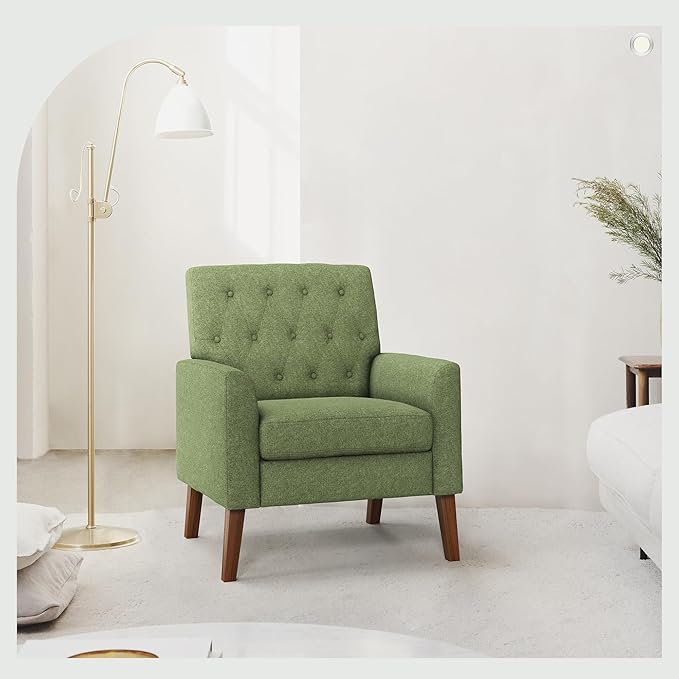 LUE BONA Linen Accent Chair 18.5 H Upholstered Button Tufted Arm Chair Comfy Living Room Chair with Arms Modern Armchairs for Bedroom Living Room Avocado Green