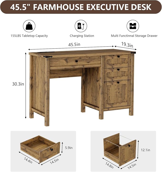 Farmhouse Executive Desk 45 inch Computer Desk with 4 Drawers Smart Charging Station Home Office &amp Study Room Essential for Remote Workers Professionals &amp Students.Vintage