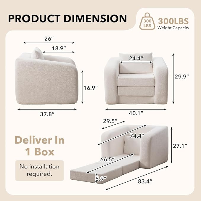 Convertible Sofa Bed Chenille Upholstered Pull Out Sofa Bed with Pillows 2-in-1 Sofa Chair with Minimalist Design Comfy Folding Mattress Couch for Apartment (Ivory Single Sofa Bed)