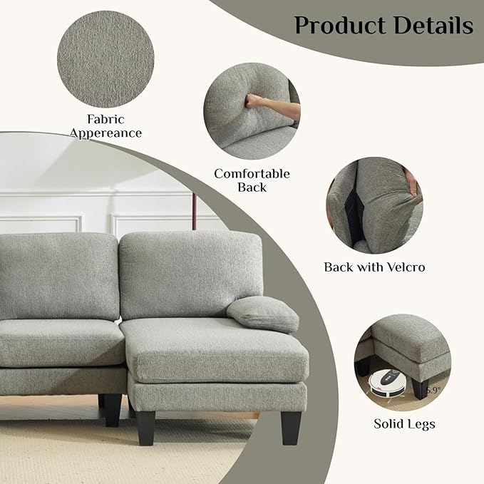 Karl home 110 Sectional Couches for Living Room U-Shape Sofa with Chenille Upholstery 4 Seat Sofa Set with Double Chaises &amp Wood Grain Legs for Apartment Dusty Gray